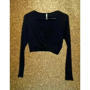 GLARE Women V-neck Crop Sweater Top Knit Stretch Black Size Large (0161)